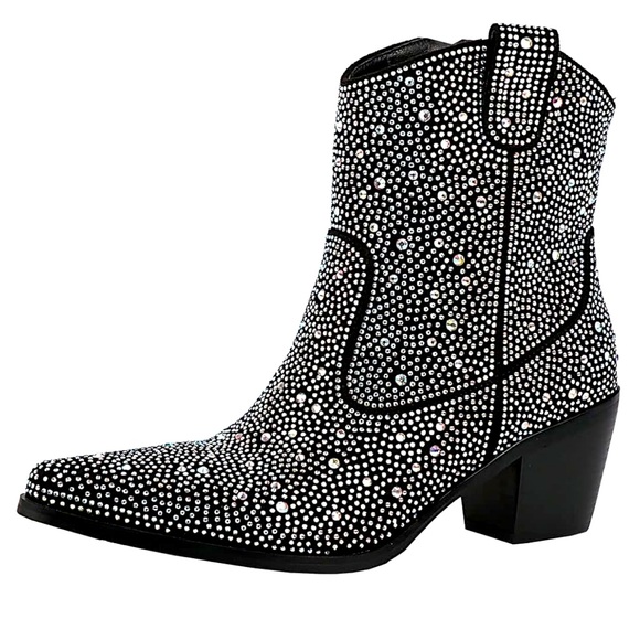 Black Rhinestone Contrast Color Western Ankle Booties. size 6 Game day NWOT - Picture 1 of 15